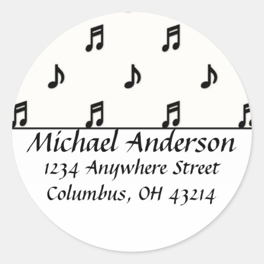 Retouradreslabels: Zwarte Muzieknoten Ronde Sticker (Voorkant)
