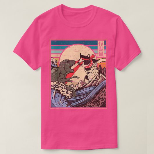  retrant Japanse Great Wave Cat Vs Monster O T-shirt (Design voorkant)