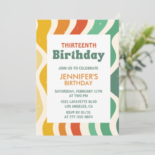 Retro 13e verjaardag uitnodigingen Groovy Wavy (Staand voorkant)