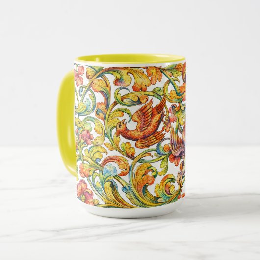 Retro 1696 Barok Rococo Vogels In Loof Fries Mok (Voorkant links)