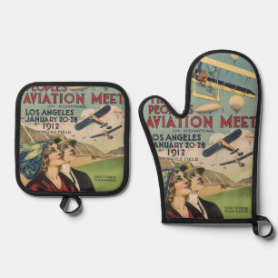 Retro 1912 Los Angeles Luchtshow Reis Kunst Ovenwant & Pannenlap Set