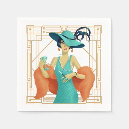 Retro 1920s Glam Lady Cocktail Art Deco Gold Lijst Servet (Voorkant)