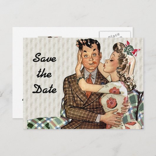 Retro 1940s Kissend Couple sparen de Datum Aankondigingskaart (Voorkant / Achterkant)