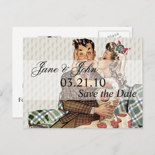 Retro 1940s Kissend Couple sparen de Datum Aankondigingskaart (Voorkant / Achterkant)