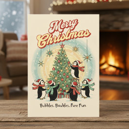 Retro 1950 Christmas Card with Penguins & Tree Feestdagenkaart