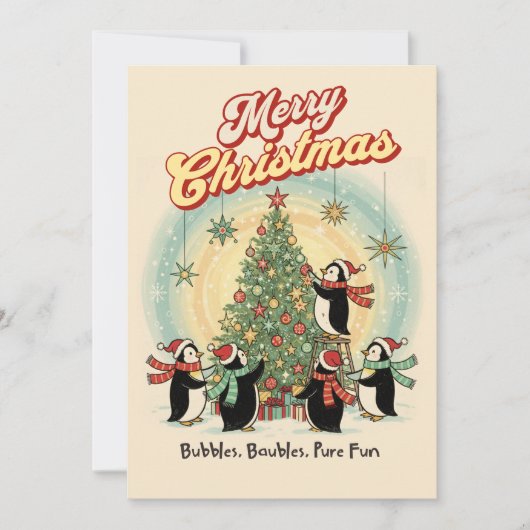 Retro 1950 Christmas Card with Penguins & Tree Feestdagenkaart (Voorkant)