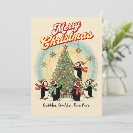 Retro 1950 Christmas Card with Penguins & Tree Feestdagenkaart (Staand voorkant)
