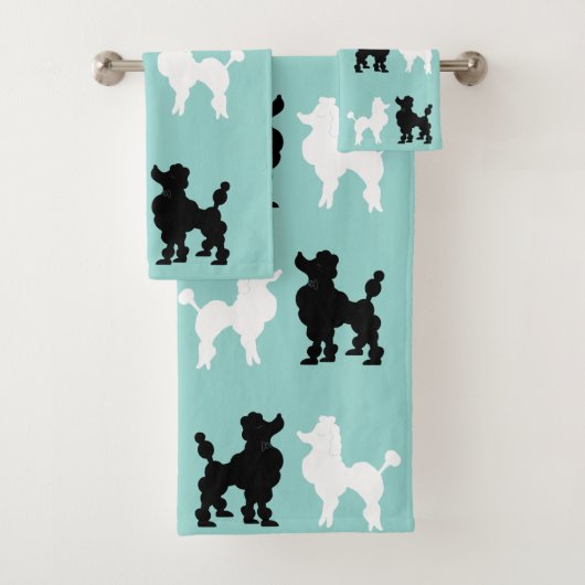 Retro 1950: Cute White & Black Poodles op Aqua Bad Handdoek (Insitu)