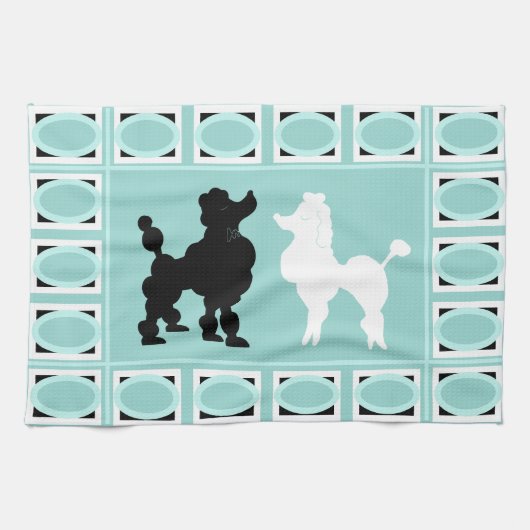 Retro 1950: Cute White & Black Poodles op Aqua Theedoek (Horizontaal)