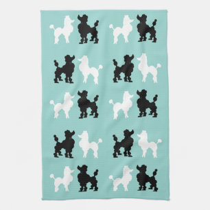 Retro 1950: Cute White & Black Poodles op Aqua Theedoek