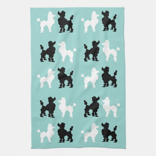 Retro 1950: Cute White & Black Poodles op Aqua Theedoek (Verticaal)