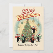 Retro 1950 kerstkaart met pinguïns en boom (Voorkant)