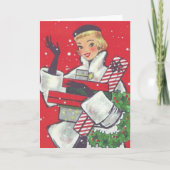 Retro 1950 kerstwinkelmeisje feestdagen kaart (Voorkant)