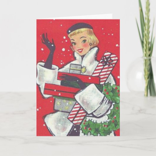 Retro 1950 kerstwinkelmeisje  feestdagen kaart (Voorkant)