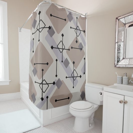 Retro 1950s Art Diamonds Taupe Beige Douchegordijn (In situ)