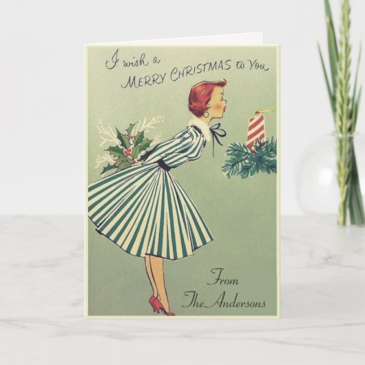  Retro 1950s Christmas Lady Custom Feestdagen Kaart (Voorkant)