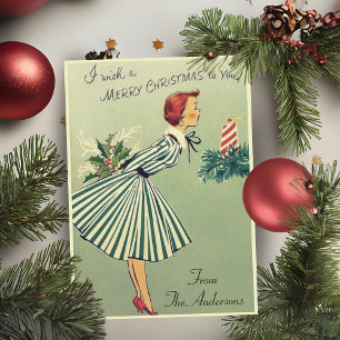 Retro 1950s Christmas Lady Custom Feestdagen Kaart
