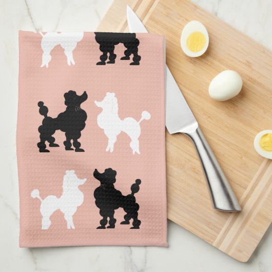 Retro 1950's Cute White & Black Poodles op Roze Theedoek (Quarter Fold)