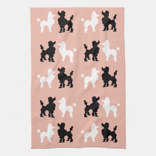 Retro 1950's Cute White & Black Poodles op Roze Theedoek (Verticaal)