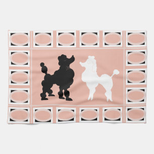 Retro 1950's Cute White & Black Poodles op zalm Theedoek