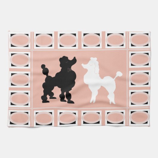 Retro 1950's Cute White & Black Poodles op zalm Theedoek (Horizontaal)