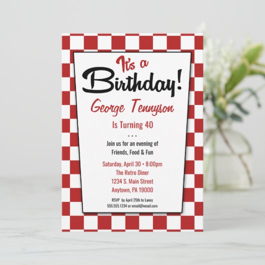 Retro 1950s Diner Red White Birthday Invitations Kaart (Staand voorkant)
