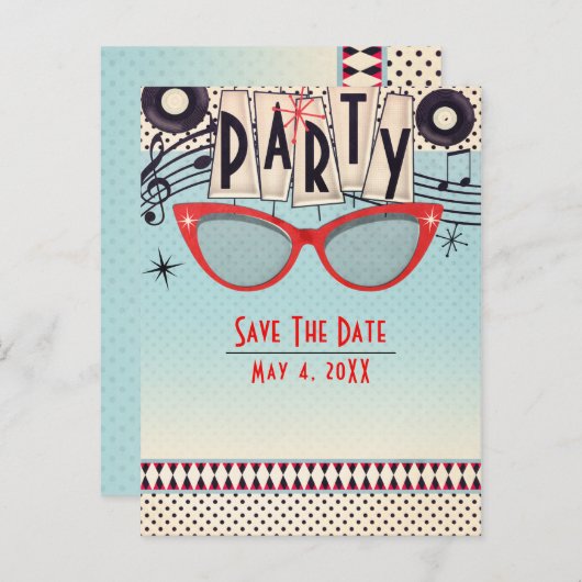 Retro  1950's Fifties Party Save the Date Aankondigingskaart (Voorkant / Achterkant)