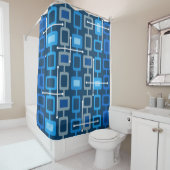 Retro 1950s Geometric Pattern Blue Douchegordijn (In situ)
