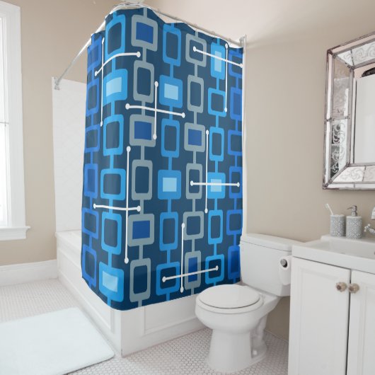 Retro 1950s Geometric Pattern Blue Douchegordijn (In situ)