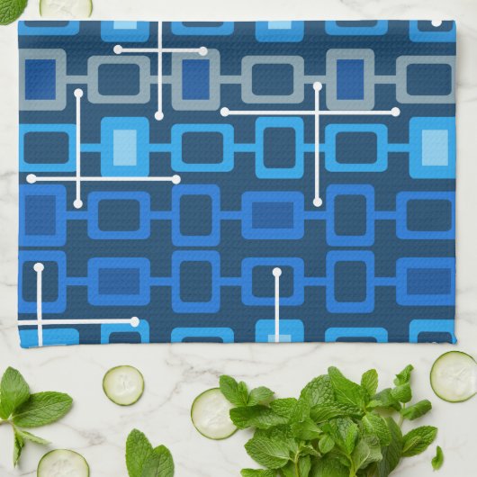 Retro 1950s Geometric Pattern Blue Theedoek (Gevouwen)
