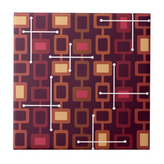 Retro 1950s Geometrisch Patroon Burgundy Tegeltje (Voorkant)