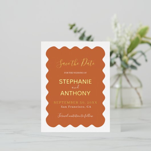 Retro 1950s golfrand terracotta bruiloft    folie uitnodiging briefkaart (Staand Voorkant)