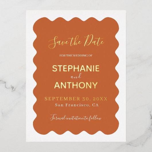 Retro 1950s golfrand terracotta bruiloft    folie uitnodiging briefkaart (Voorkant)