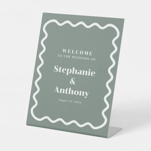 Retro 1950s golvende rand sage groene bruiloft reclamebord met voetstuk (Voorkant)
