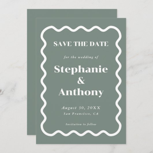 Retro 1950s golvende rand sage groene bruiloft save the date (Voorkant / Achterkant)