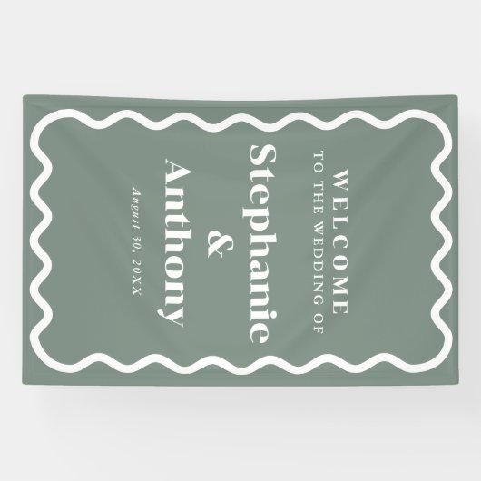 Retro 1950s golvende rand sage groene bruiloft spandoek (Horizontaal)