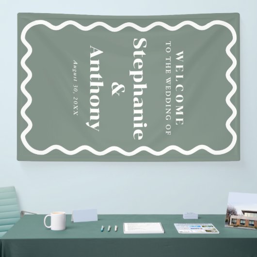 Retro 1950s golvende rand sage groene bruiloft spandoek (Beurs)