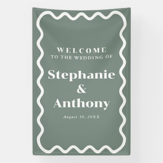 Retro 1950s golvende rand sage groene bruiloft spandoek (Verticaal)