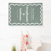 Retro 1950s golvende rand sage groene bruiloft spandoek (Insitu)