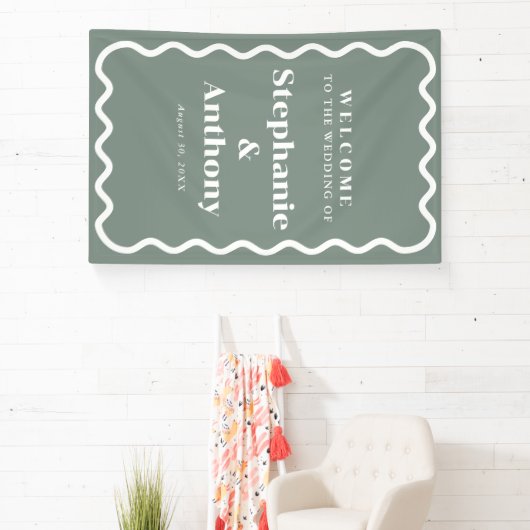 Retro 1950s golvende rand sage groene bruiloft spandoek (Insitu)