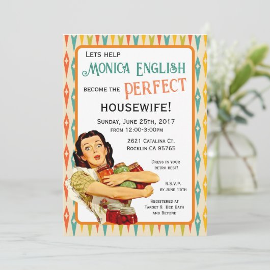 Retro 1950's Houseechtgenote Bridal Shower Invitat Kaart (Staand voorkant)