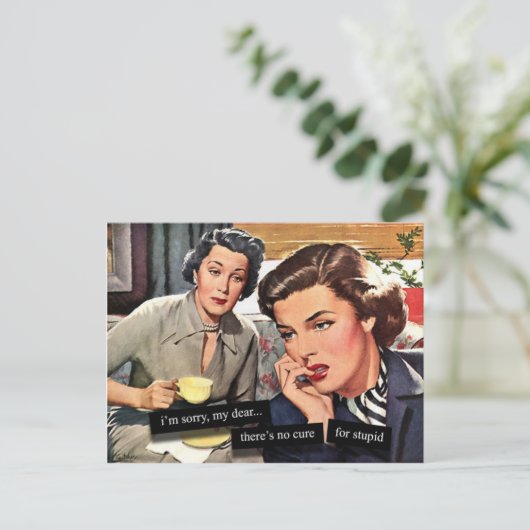 Retro 1950s Houseechtgenote "No Cure for Stupid" Briefkaart (Staand voorkant)