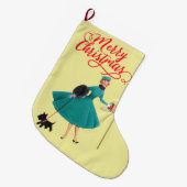 Retro 1950s kerstmeisje & hond grote kerstsok (Voorkant (Hangend))