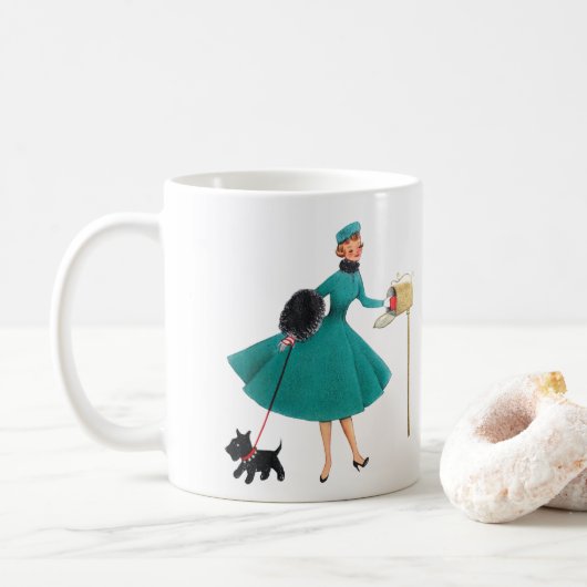 Retro 1950s kerstmeisje & hond koffiemok (Met donut)