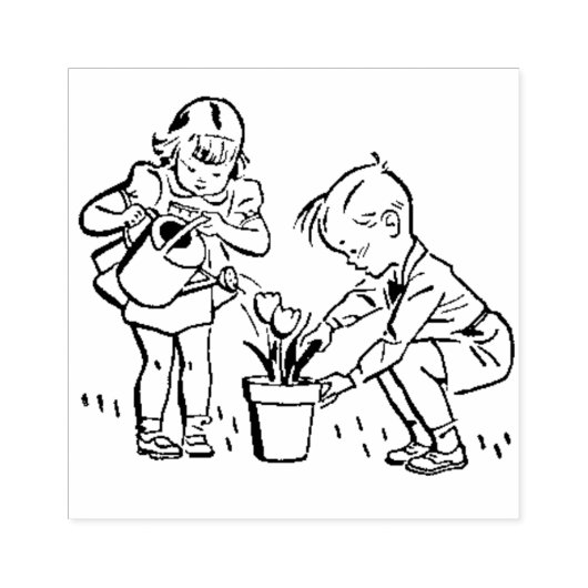 Retro 1950's Kinderen planten bloemen Schattig Rubberstempel (Afrduk)