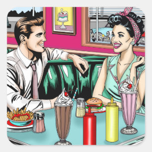 Retro 1950's Paar bij Diner Blank Vierkante Sticker