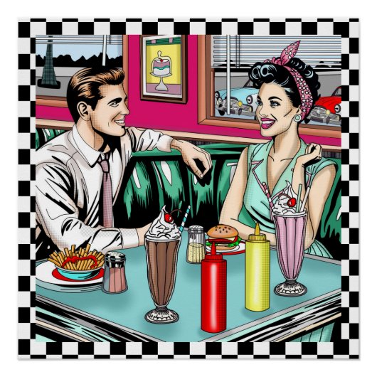 Retro 1950's Paar bij Diner Perfect Poster (Voorkant)