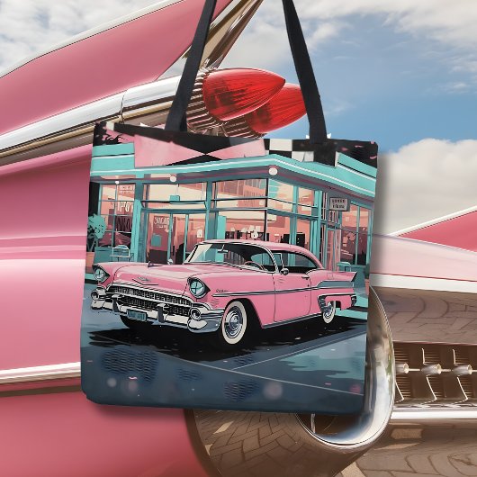 Retro 1950s Pink Car Mid‑Century Diner Tote Bag