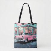 Retro 1950s Pink Car Mid‑Century Diner Tote Bag (Voorkant)