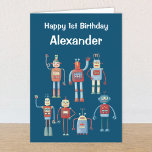 Retro 1950s Robots aangepaste leeftijd en naam geb Aankondiging<br><div class="desc">Cute retro-robots voor sci-fi lovers. Pas aan door de leeftijd,  de groet,  de naam en het binnenbericht te veranderen om uw gelegenheid aan te passen.</div>